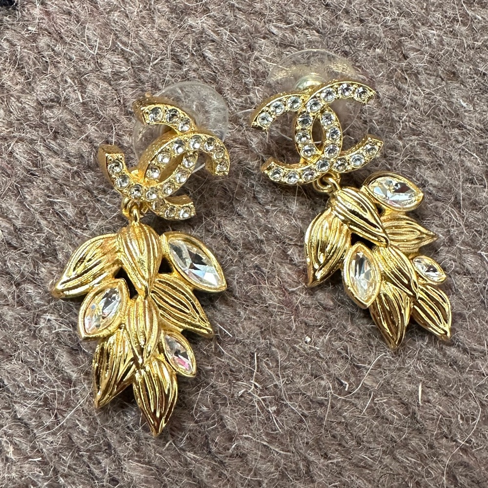 CHANEL Brand New Gold CC Crystal Olive Leaf Dangle Piercing Earrings